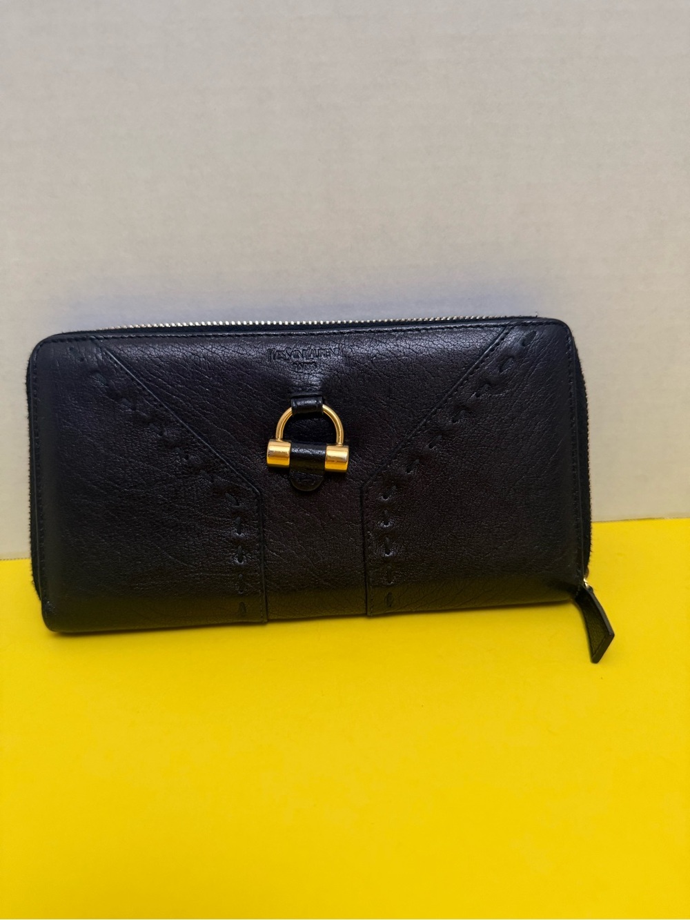 Yves Saint Laurent Black Leather Zip-Around Wallet with Gold Hardware